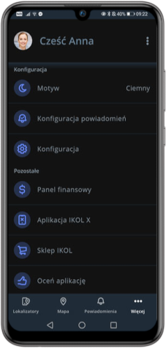 aplikacja mobilna IKOL Tracker, tryb ciemny